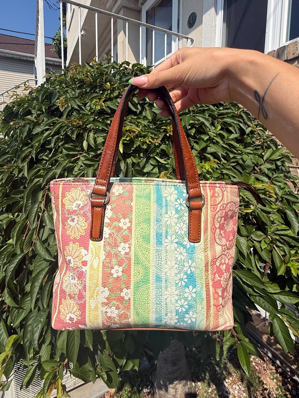 Fossil Vintage Y2K Multicolor Patchwork Style Print Leather Small Satchel Purse